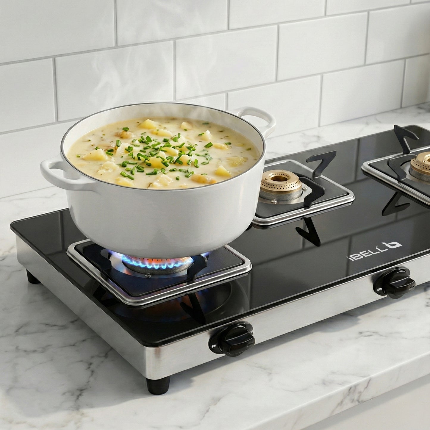 iBELL 8413 Star 3-Burner Gas Stove – Premium Model with a Low gas consumption, Stylish Square Design, Durable 7 mm Toughened Glass Top, Spacious Body (77 x 38 x 5 cm), Manual Ignition (Black)