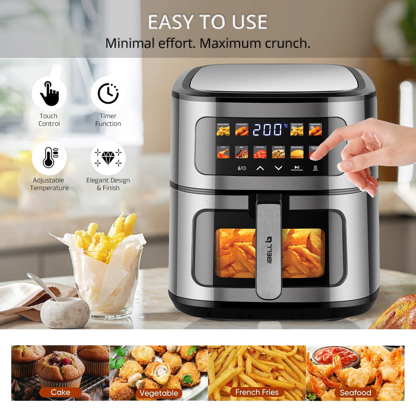IBELL Digital Air Fryer 8L | 1800W | Bake, Grill & Roast | Up to 80% Less Oil Usage | 10 Preset Menu | Digital Display & Touch Control Panel | Glass Window with in built Light | Auto Cut-Off Silver