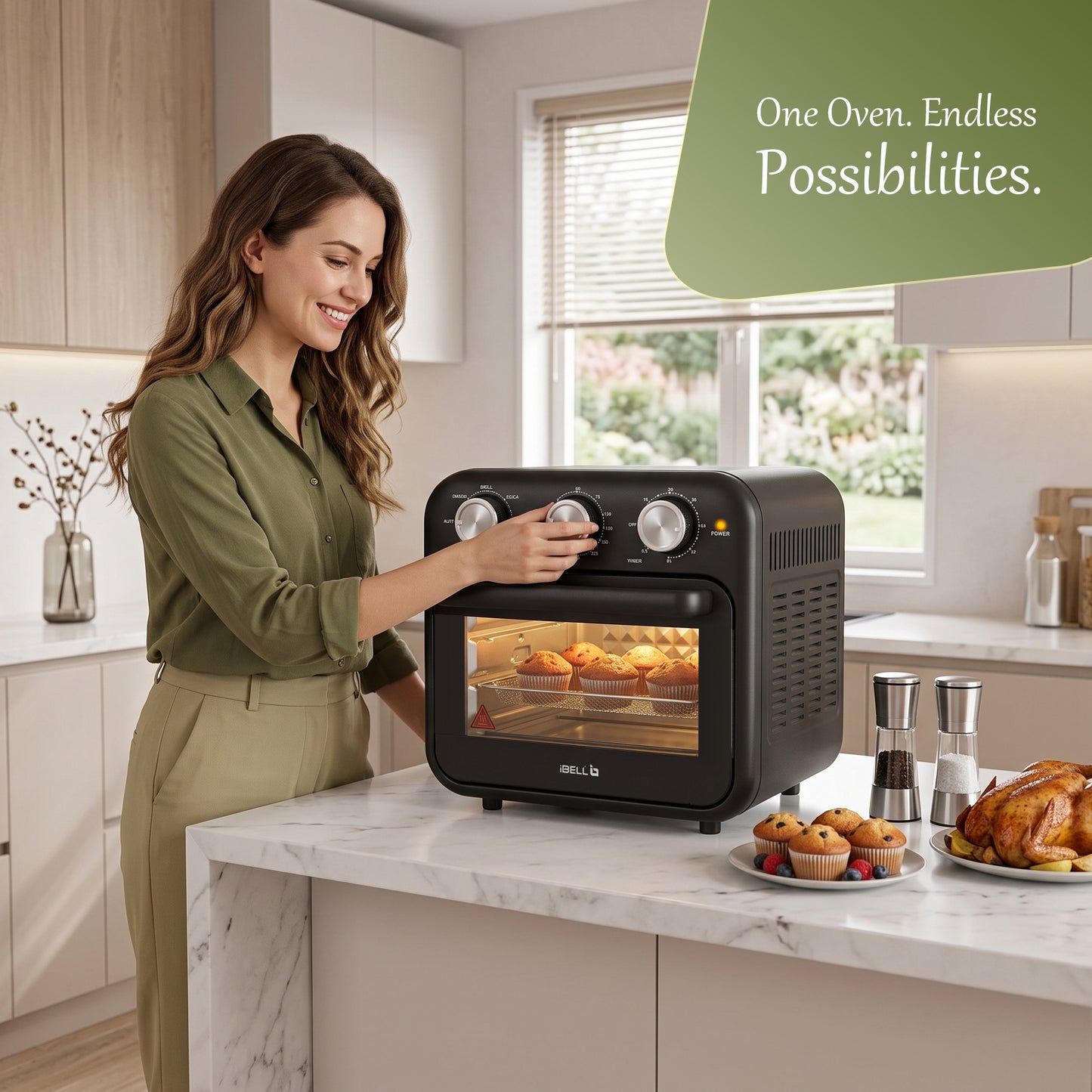 IBELL AEROWAVE16G Air Fryer+Oven 16L | 1800W | 360° Hot Air Circulation | Air Fry, Bake, Grill, Roast, Rotisserie & Dehydrate | 5 Smart Preset Modes | Adjustable Temperature & Timer | Black