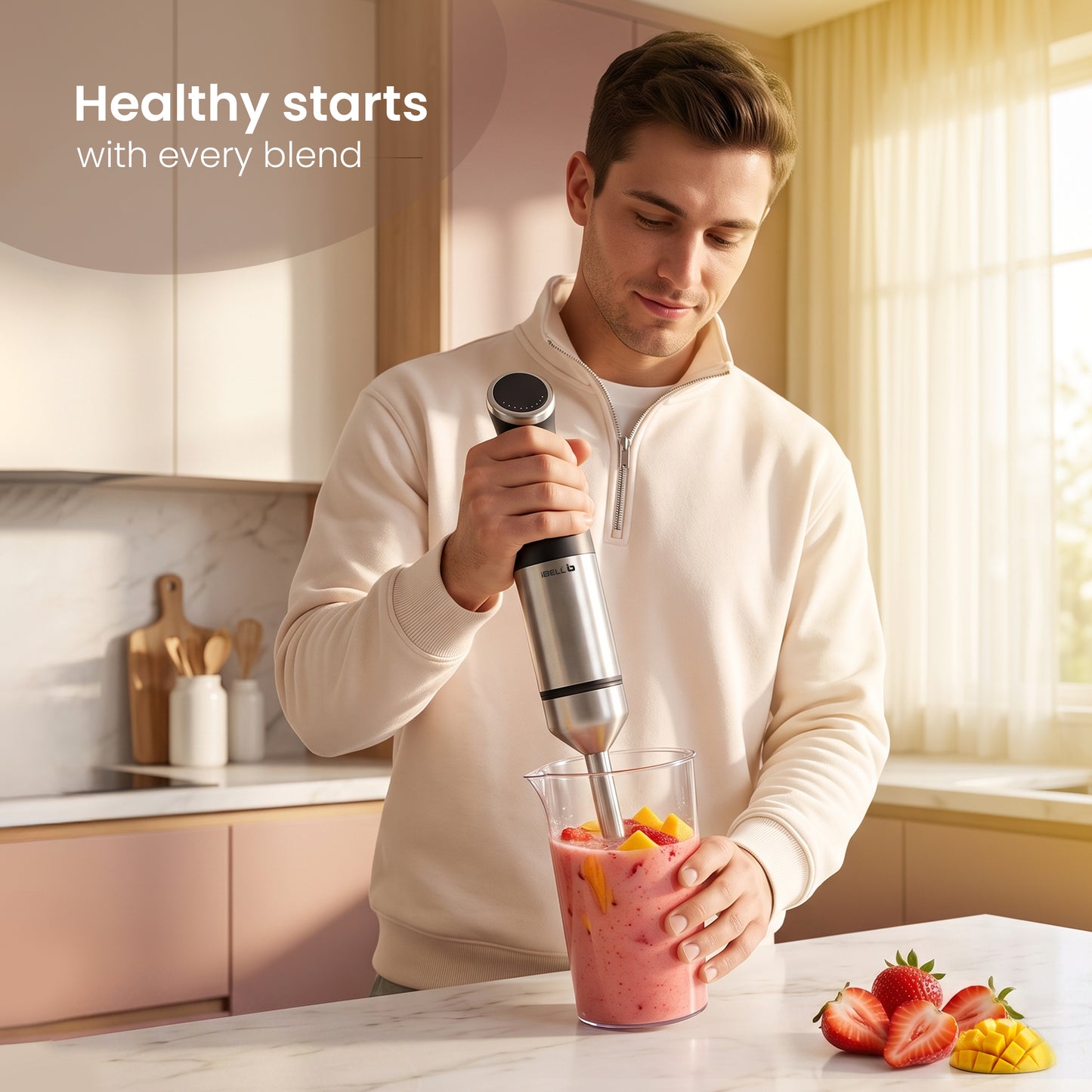 iBELL AeroMix500 4-in-1 Hand Blender,1200W,2 year warranty,Adjustable Speed Control,Stainless Steel Immersion Blender with Whisk Beater, Milk Frother, 600ml Chopper & 700ml Measuring Cup (Black)