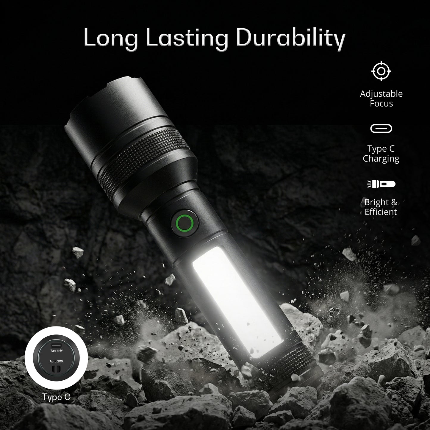 IBELL Castor AURA300 Rechargeable Torch Light High Power, 6 Light Modes, Telescopic Zoom, Type C Charging, LED Flashlight, Super Bright & Long Distance Range, for Home, Outdoor & Emergency Use (Black)
