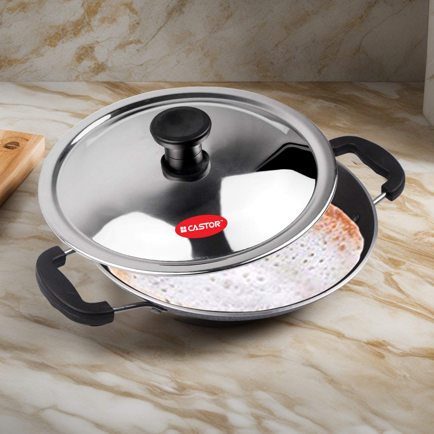 CASTOR iBELL 205 Premium Non-Stick Aluminium Appam Pan with Lid, Appachatty, 200mm, Silver