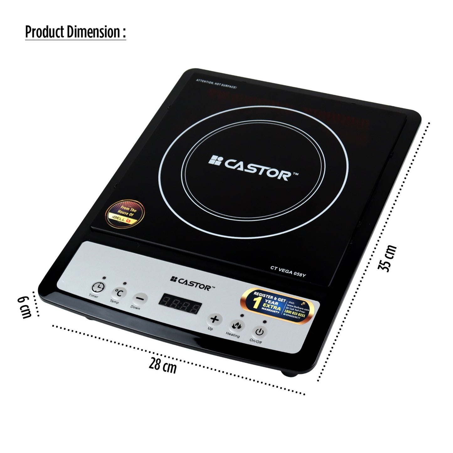 iBELL Castor VEGA Induction Cooktop 2000W, Auto Shut Off and Over Heat Protection, 2yr Warranty (Black)