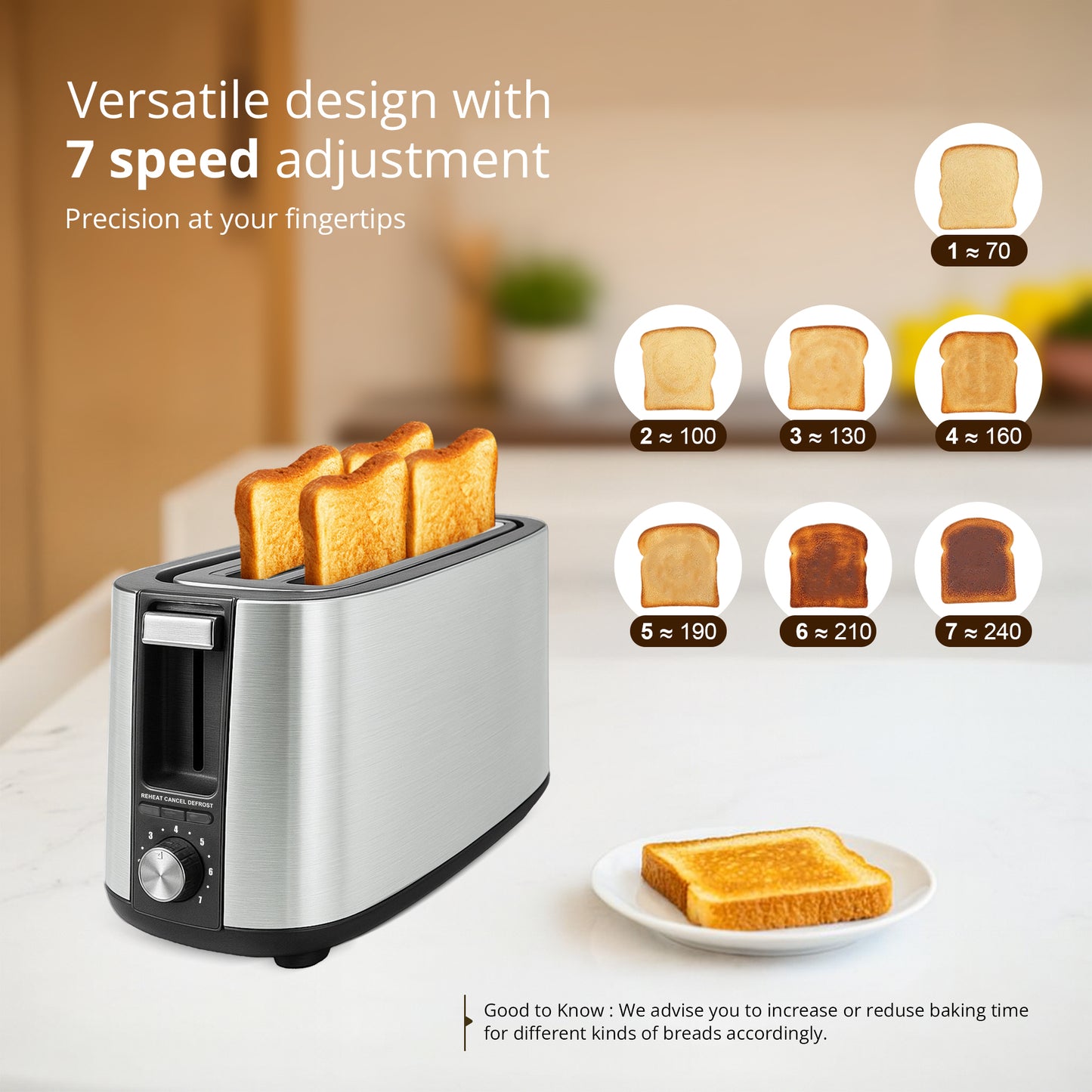 iBELL Toaster CrustoF40 Auto Pop-up 4 Slice Bread Toaster with Removable Crumb Tray, Auto Shutoff, Defrost/Reheat/Cancel Button, 7 Levels Browning Controller, Led Light Indicator, 2 Year Warranty