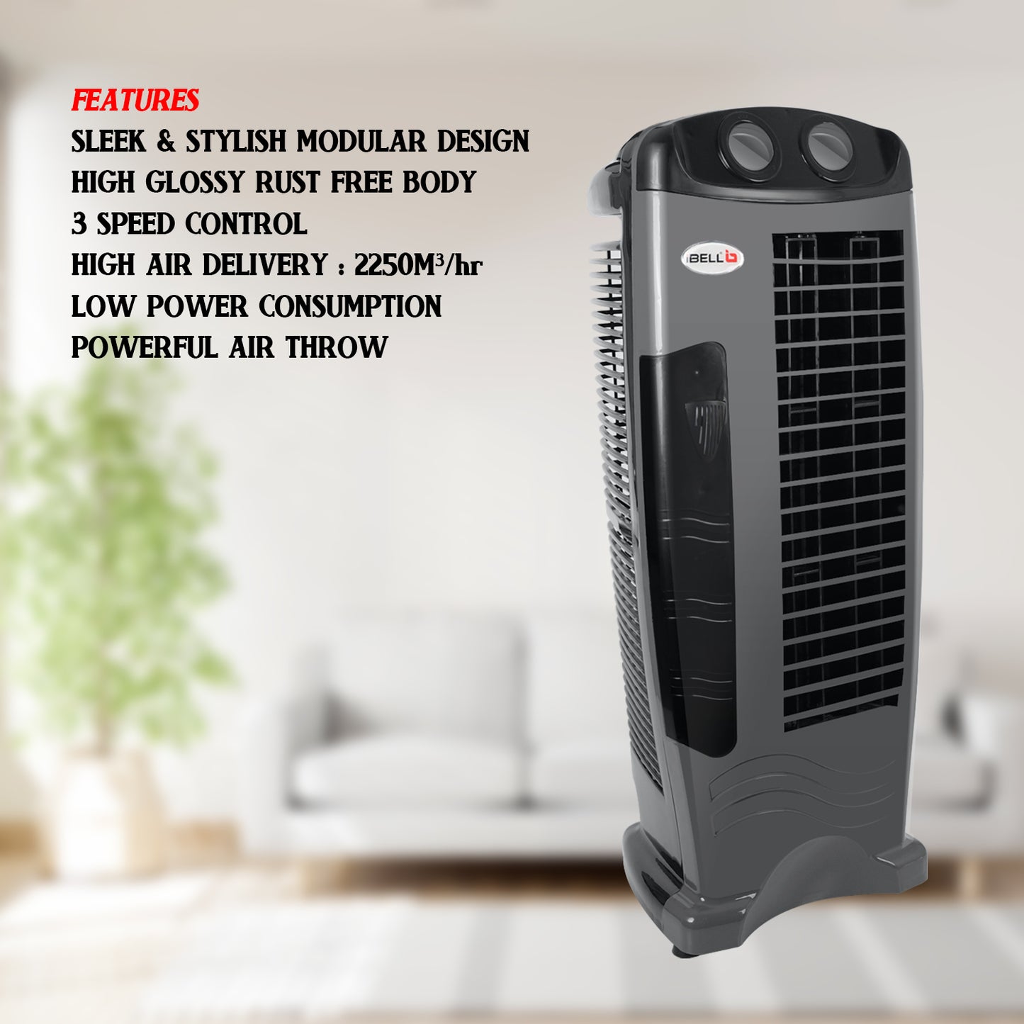 IBELL DELUXE High Speed Tower Fan, Low Power Consumption and Anti-Rust Body, 25-foot Air Delivery, 4-way Air Flow (Grey)