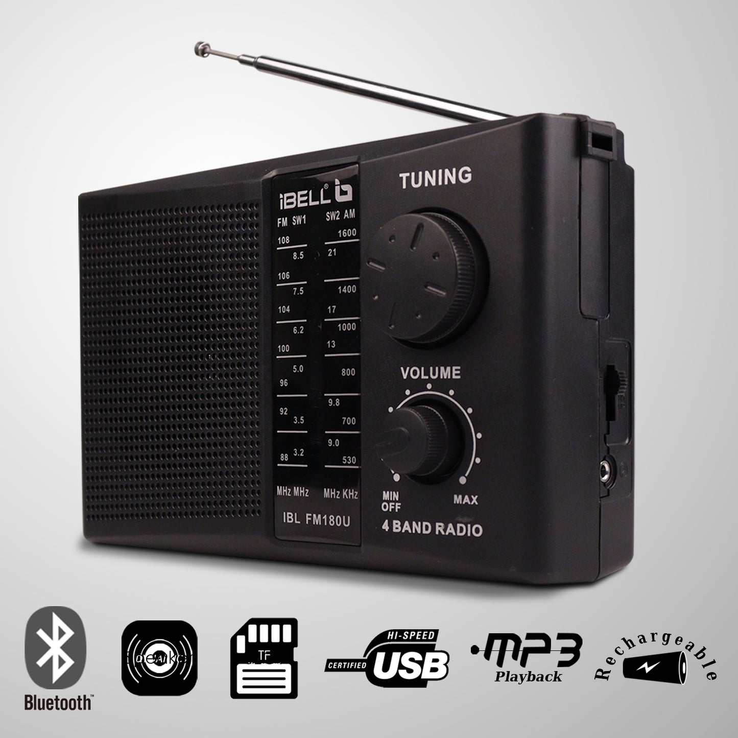 iBELL FM180U Portable FM Radio with USB/SD Slot, MP3 Player, Headphone Jack & Dynamic Speaker 4 Band (Black)