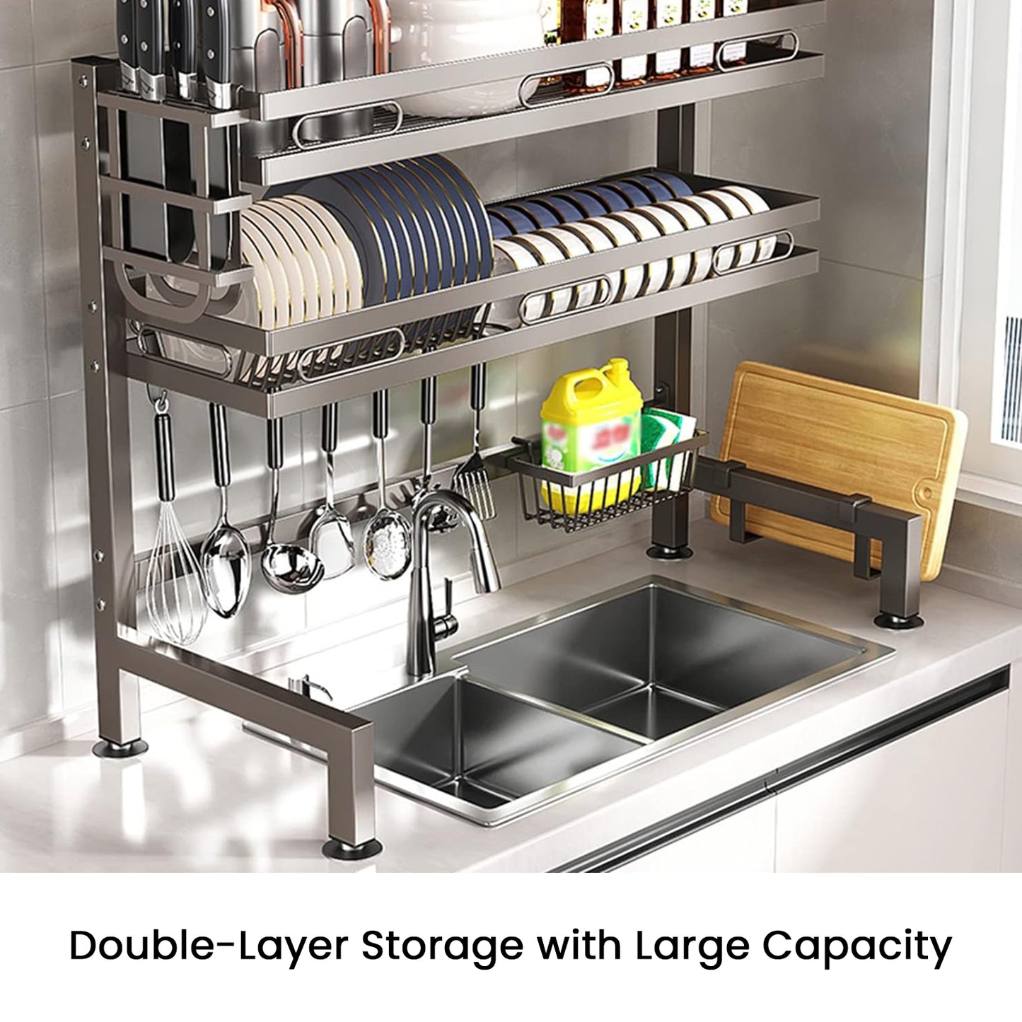 IBELL DR275 Over Sink Dish Rack for Kitchen, Bartan Stand for Drying, 2 Layer, Carbon Steel, Kitchen Organizer/Drainer Shelf/Utensils Storage (IBLDR275, Black), 27x75x80 cm