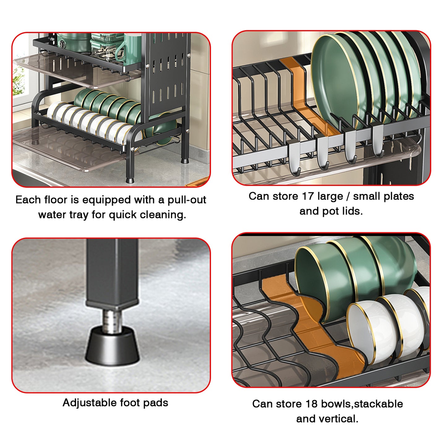 IBELL Carbon Steel DR242 Dish Drying Rack, 2-Tier Bartan Stand/Drainer Shelf/Kitchen Organizer/Counter for Utensils Storage (Black), 42x24x40 cm