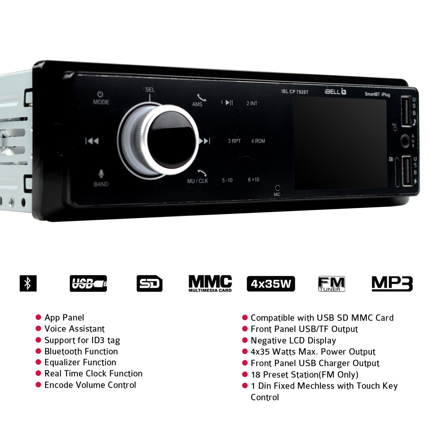 IBELL CP7920T Car Audio System, Bluetooth, Dual USB, AUX, SD Card, FM Radio, 140W Car Audio Player, LCD Display,1 DIN Music System, Voice Assistant (Black)