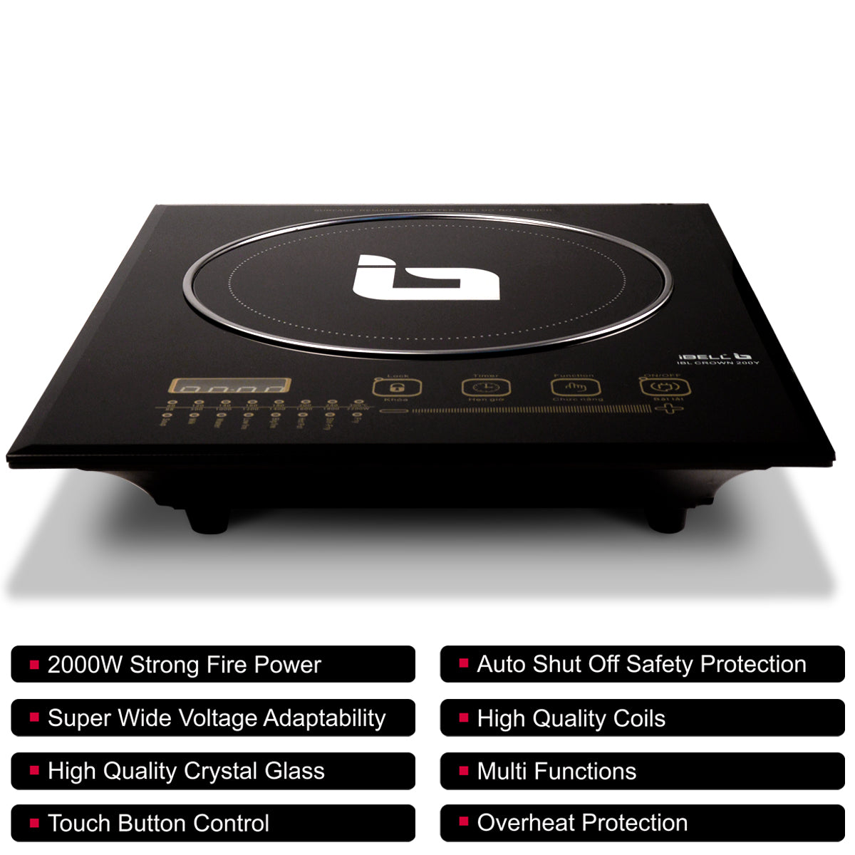 IBELL CROWN200Y Induction Cooktop 2200 Watt, Auto Shut Off, 2 Year Warranty, Crystal Glass Top, Touch Buttons, 8 Cooking Modes, Over Heat Protection, Big Size (Black)