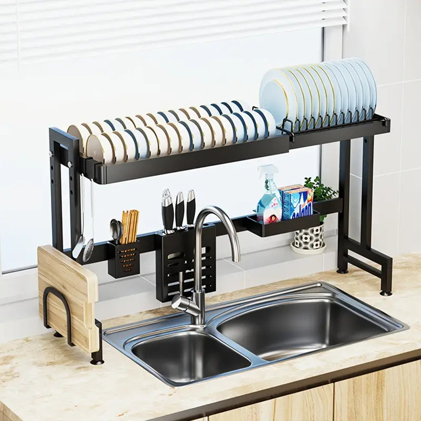 IBELL DR193SM Dish Rack for Kitchen, Adjustable Length Bartan Stand for Drying, Carbon Steel, Kitchen Organizer/Drainer Shelf/Knife Rack/Cutting Board & Sponge Basket/Utensils Storage (Black)