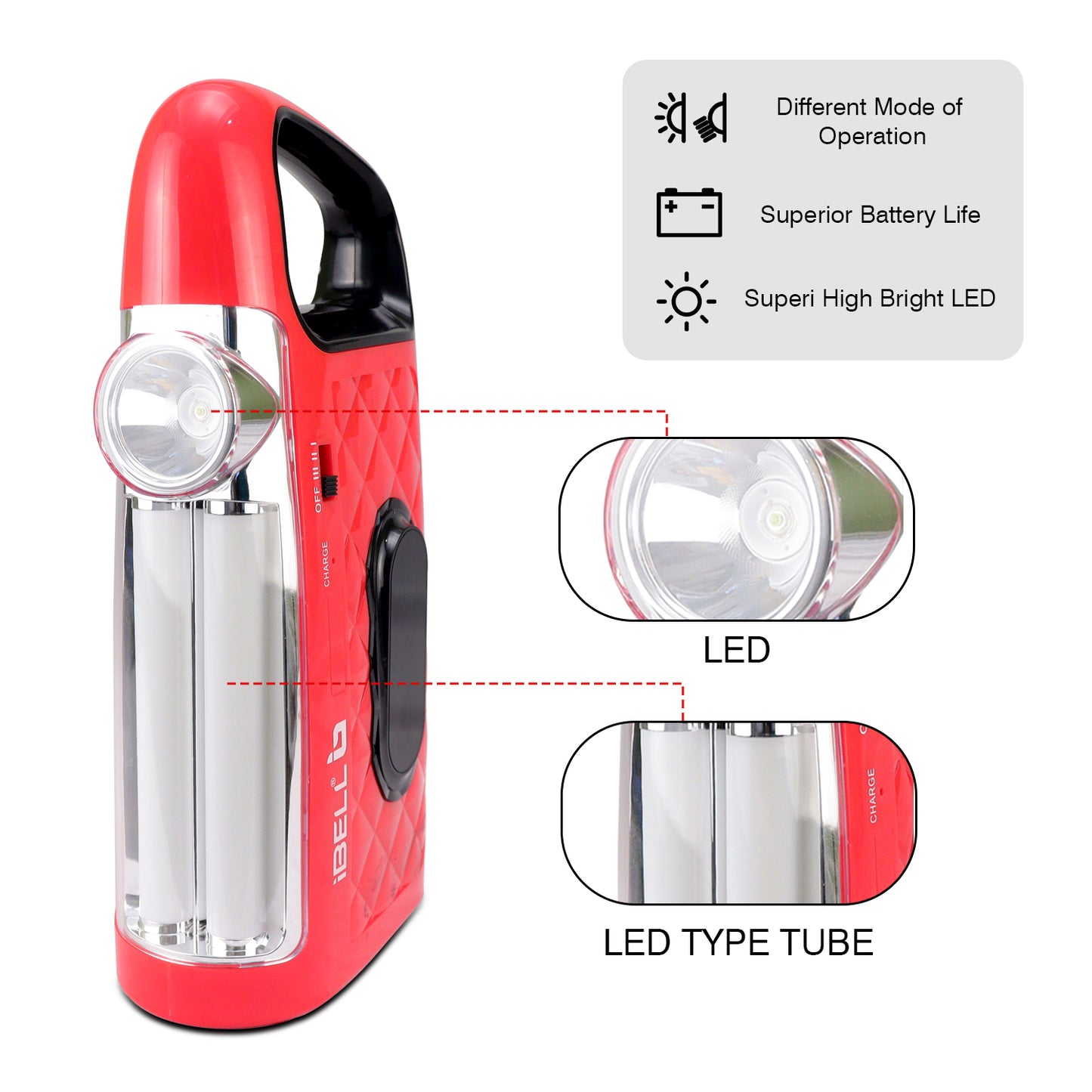 IBELL El8428Sl 2-in-1 Emergency Light, High Lumen Rechargeable with Flashlight/Torch, 15W Led Hand Lamp, 3 Light Modes (Red)