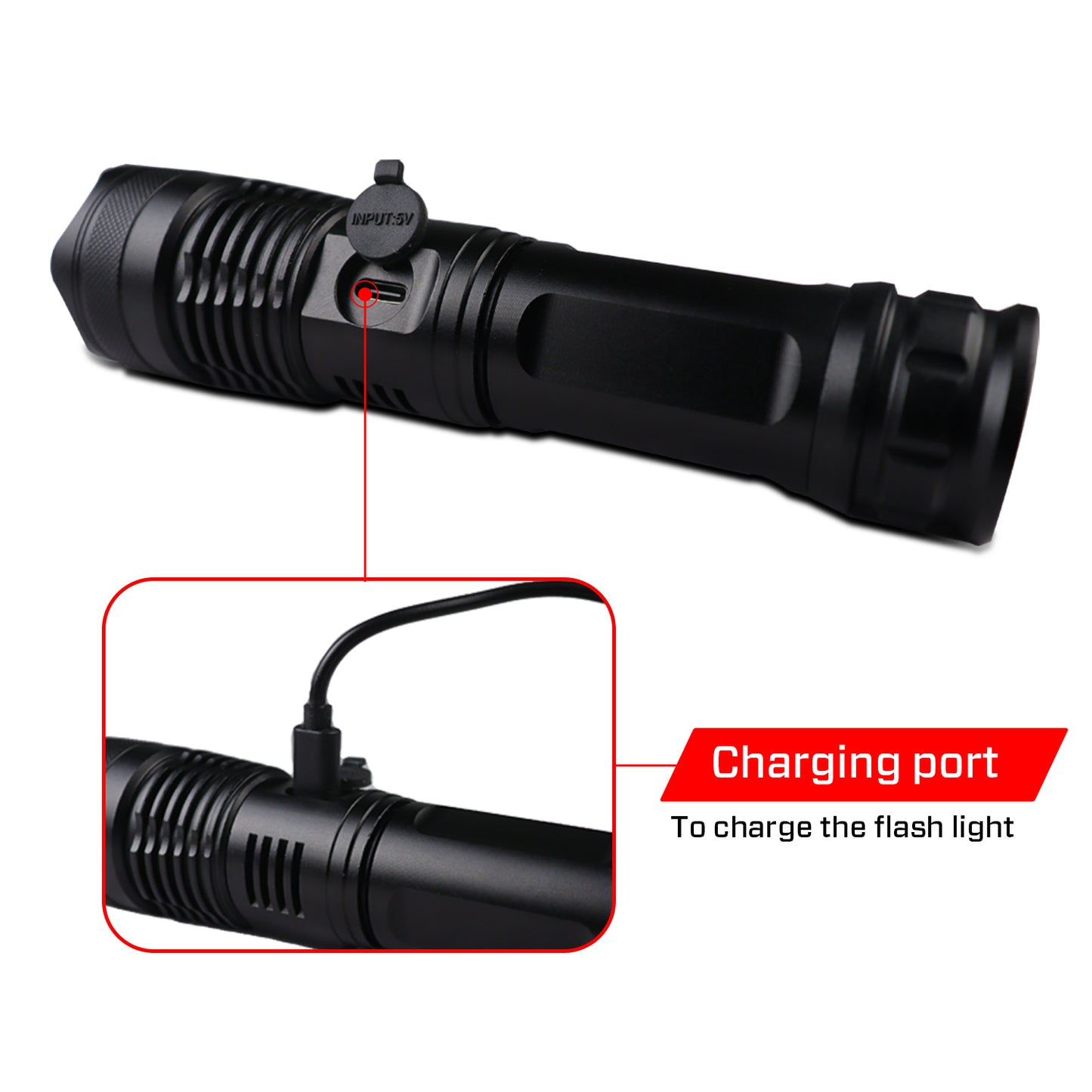 IBELL FL8360S Rechargeable LED Flashlight, Aircraft Aluminum, Telescopic Zoom, Water Resistant, Ultra Long Beam Range with 5 Light Modes (Black)