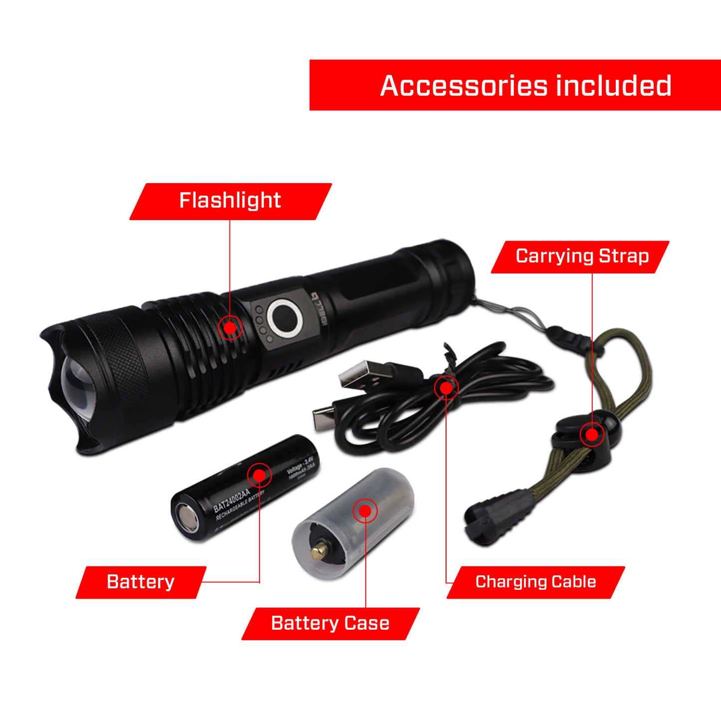 IBELL FL8360S Rechargeable LED Flashlight, Aircraft Aluminum, Telescopic Zoom, Water Resistant, Ultra Long Beam Range with 5 Light Modes (Black)