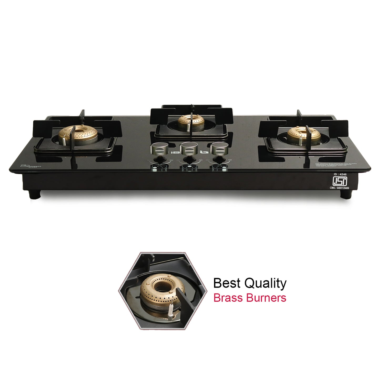 iBELL Flame 3-Burner Gas Hob with Auto Ignition – ISI Certified, Toughened Glass Top, Large Size, Brass Burners (77 x 43 x 8 cm) (Black)