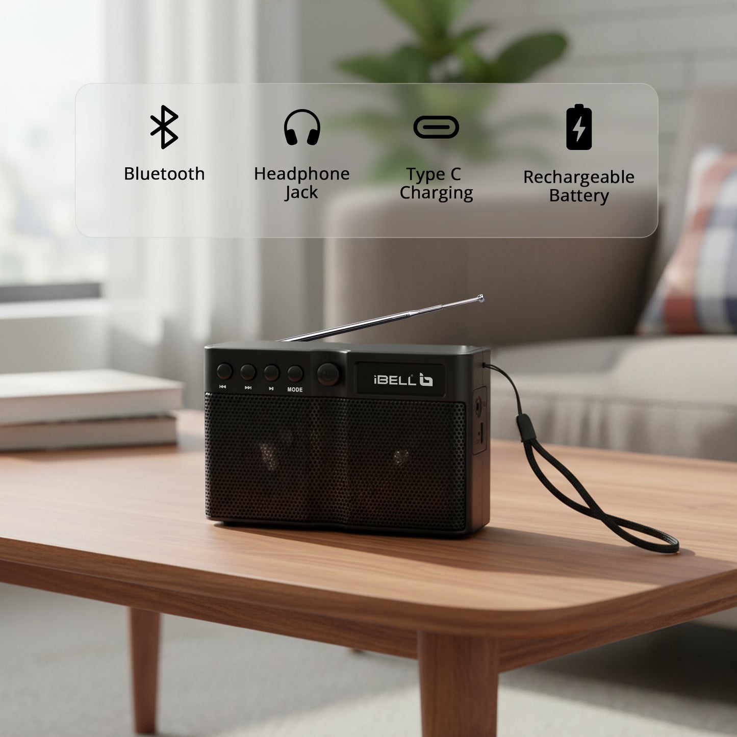 iBELL FM760BT Portable FM Radio with Bluetooth Speaker, USB Charging, Headphone Jack & Built-in Rechargeable Battery (Black)