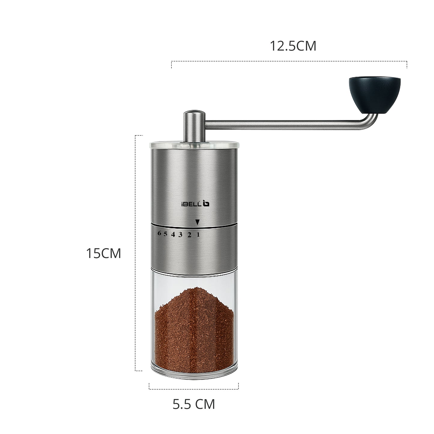 IBELL GRINDX6 Manual Coffee Grinder, Stainless Steel, 6 Adjustable Settings, Espresso, Drip Coffee, Whole Beans, Glass Jar, Ceramic Conical Burrs, Detachable Handle, (Silver)