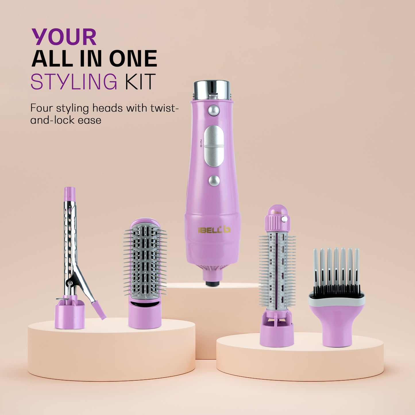 IBELL 4 in 1 Hair Styler for Women – Complete Styling Kit with Hair Styler Brush, Paddle Brush, Volumizing Round Brush & Curling Iron