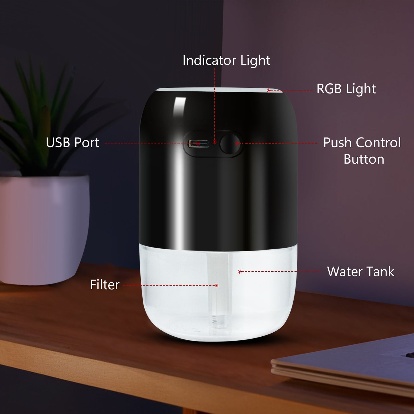 iBELL HU200P Mini Humidifier & Essential Oil Diffuser, Portable, Compact USB Design for Car, Office, Bedroom and Perfect for Travel (Black)