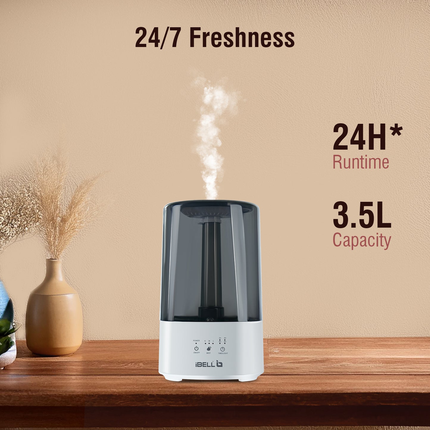 iBELL HU350P Humidifier – 3.5 L Capacity, Ultra-Quiet Operation, 360° Rotating Nozzle, Adjustable Mist Control, Ambience Lights, Up to 24 Hours Continuous Run Time (Black)