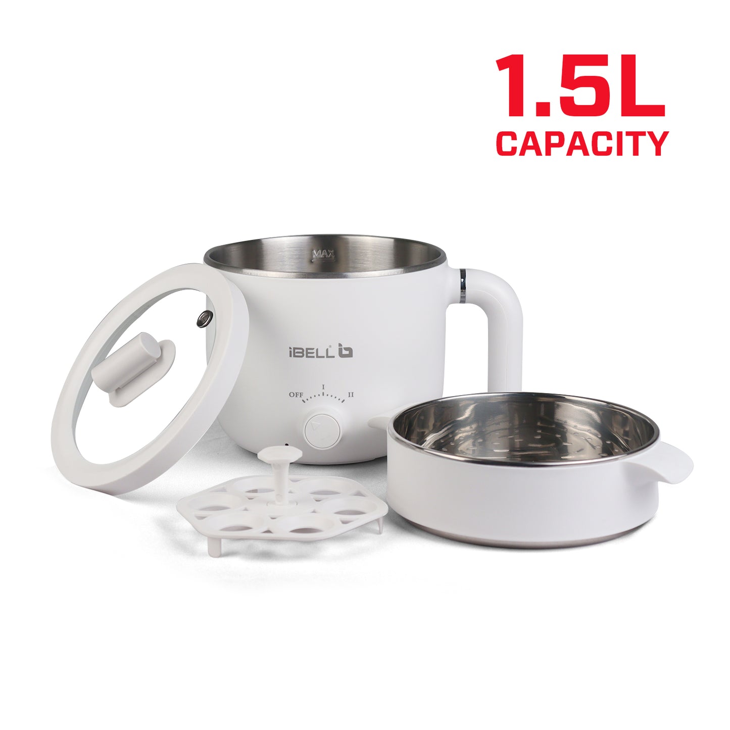 IBELL MPK15M Multipurpose Electric Kettle, 1.5 Litre, 800W, 2 Cooking Pots & Egg Boiler, Temperature Control, For boiling Water, Egg, Stainless Steel Body (White)