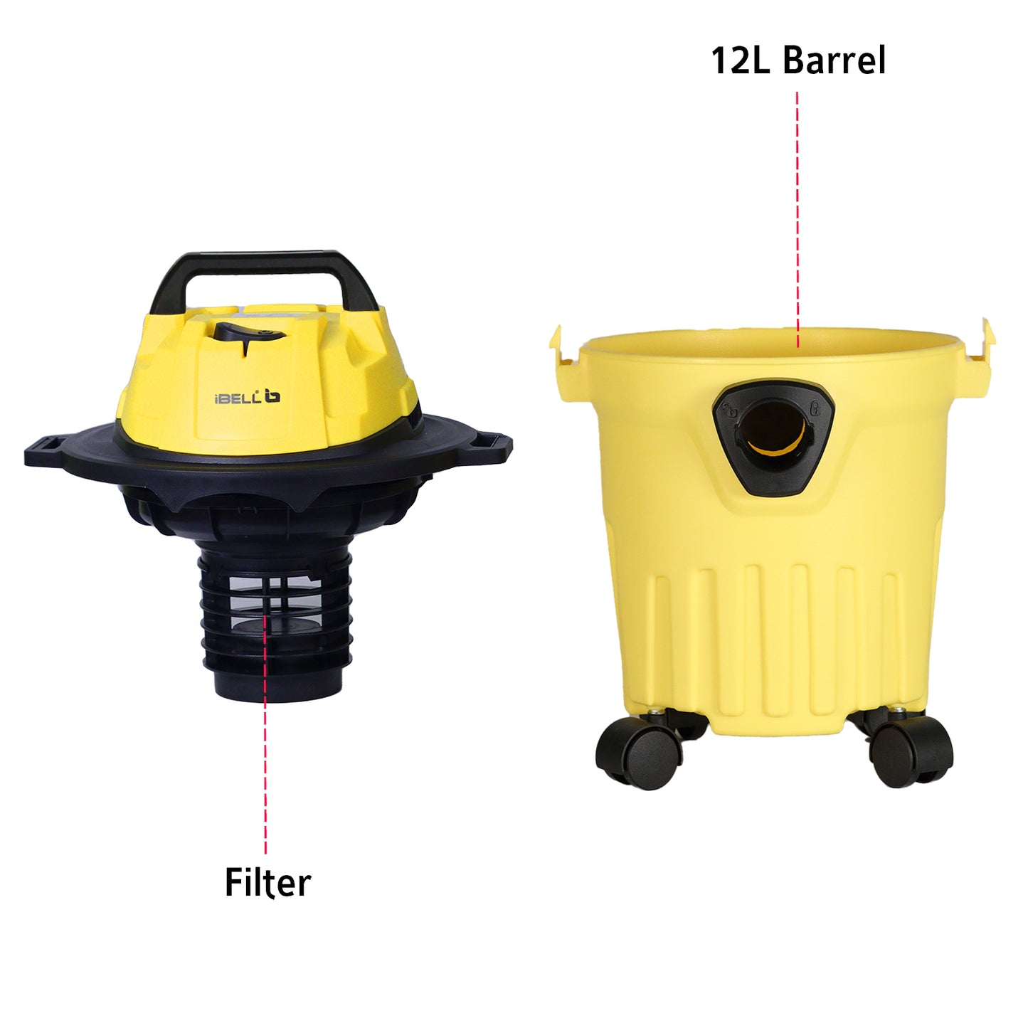 IBELL 120YB Vacuum Cleaner for Home Use, Wet & Dry, 1200W, 12L Capacity, Washable Dust Bag, 21.7 KPa Suction Power, Blower Function (Yellow)