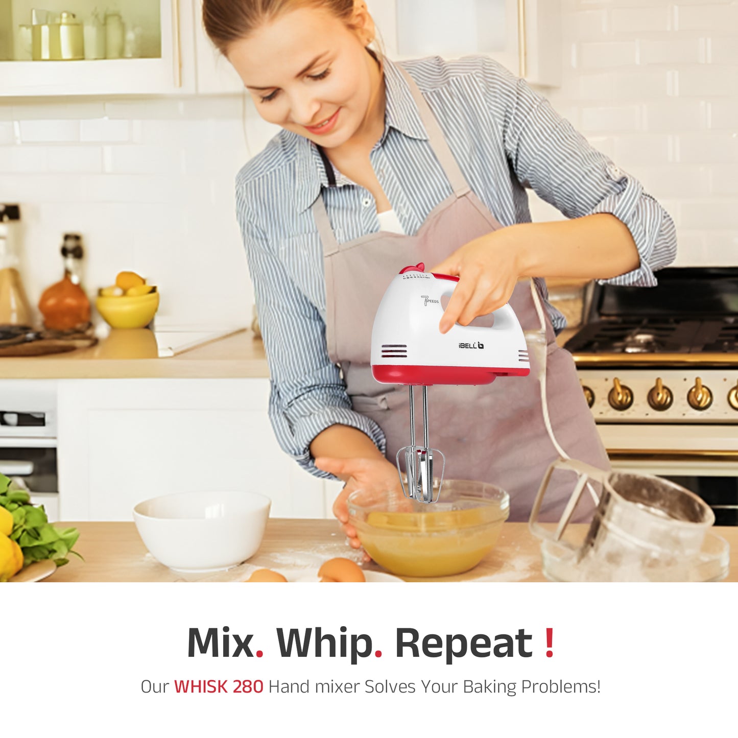 iBELL WHISK280 Hand Mixer, 280W, 7 Speed Control Plus Turbo, Beater/Blender/Electric Cream Maker for Cakes, stainless, Dough Hooks (White)