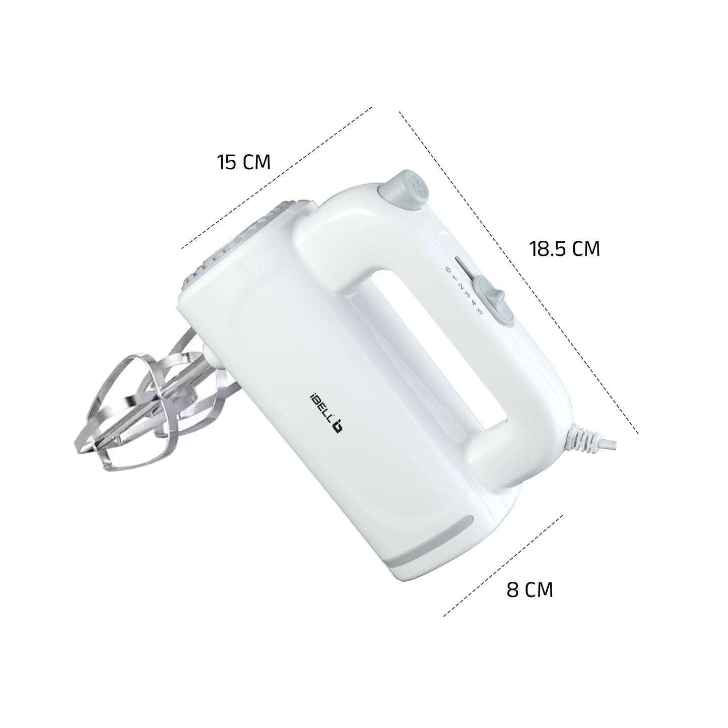 iBELL WHISK350 Electric Hand Mixer - 350W with 5 Speed Control, Stainless Steel Beaters & Dough Hooks for Baking, Whipping & Mixing (White)