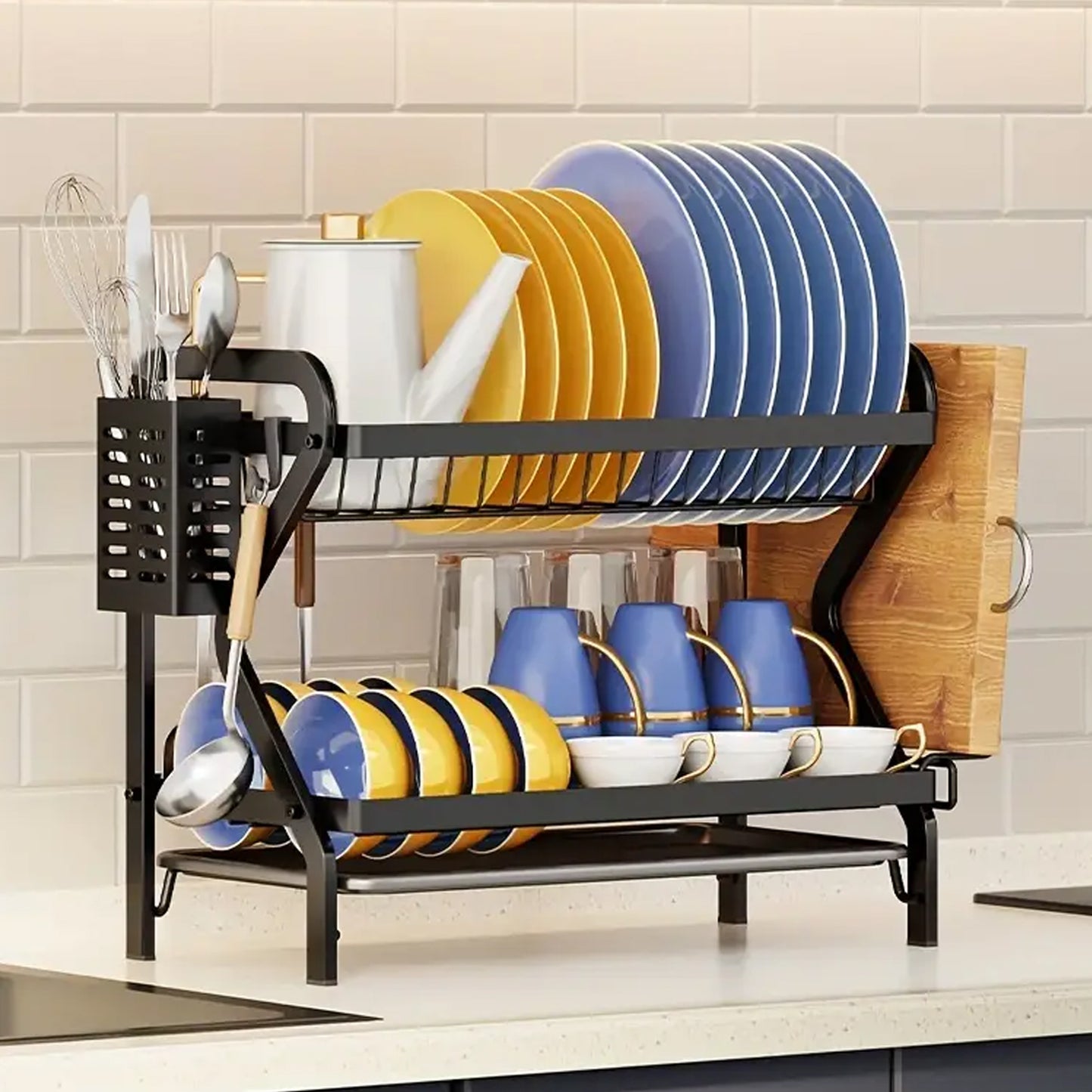 IBELL Carbon Steel DR243 Dish Drying Rack, 2-Tier Bartan Stand/Drainer Shelf/Kitchen Organizer/Counter for Utensils Storage (Black), 42.5x24.5x35.5 cm