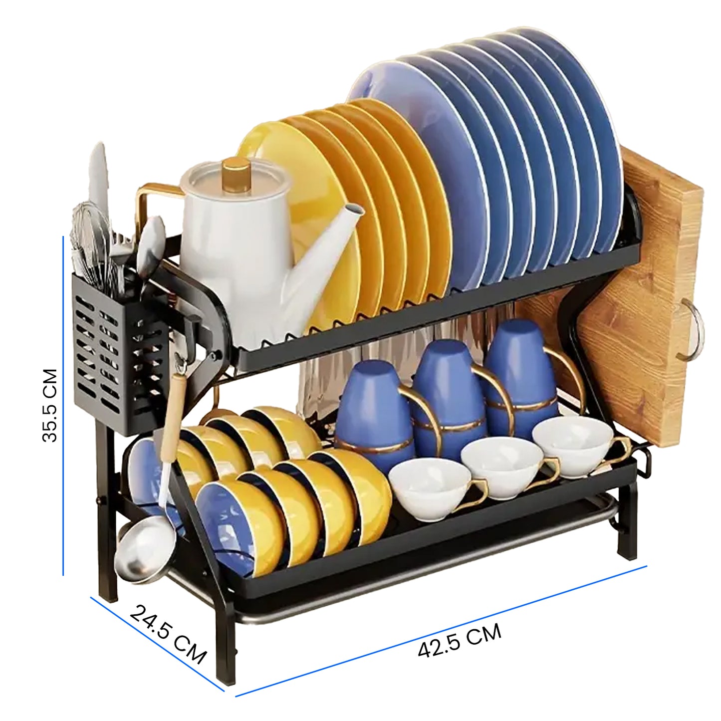 IBELL Carbon Steel DR243 Dish Drying Rack, 2-Tier Bartan Stand/Drainer Shelf/Kitchen Organizer/Counter for Utensils Storage (Black), 42.5x24.5x35.5 cm