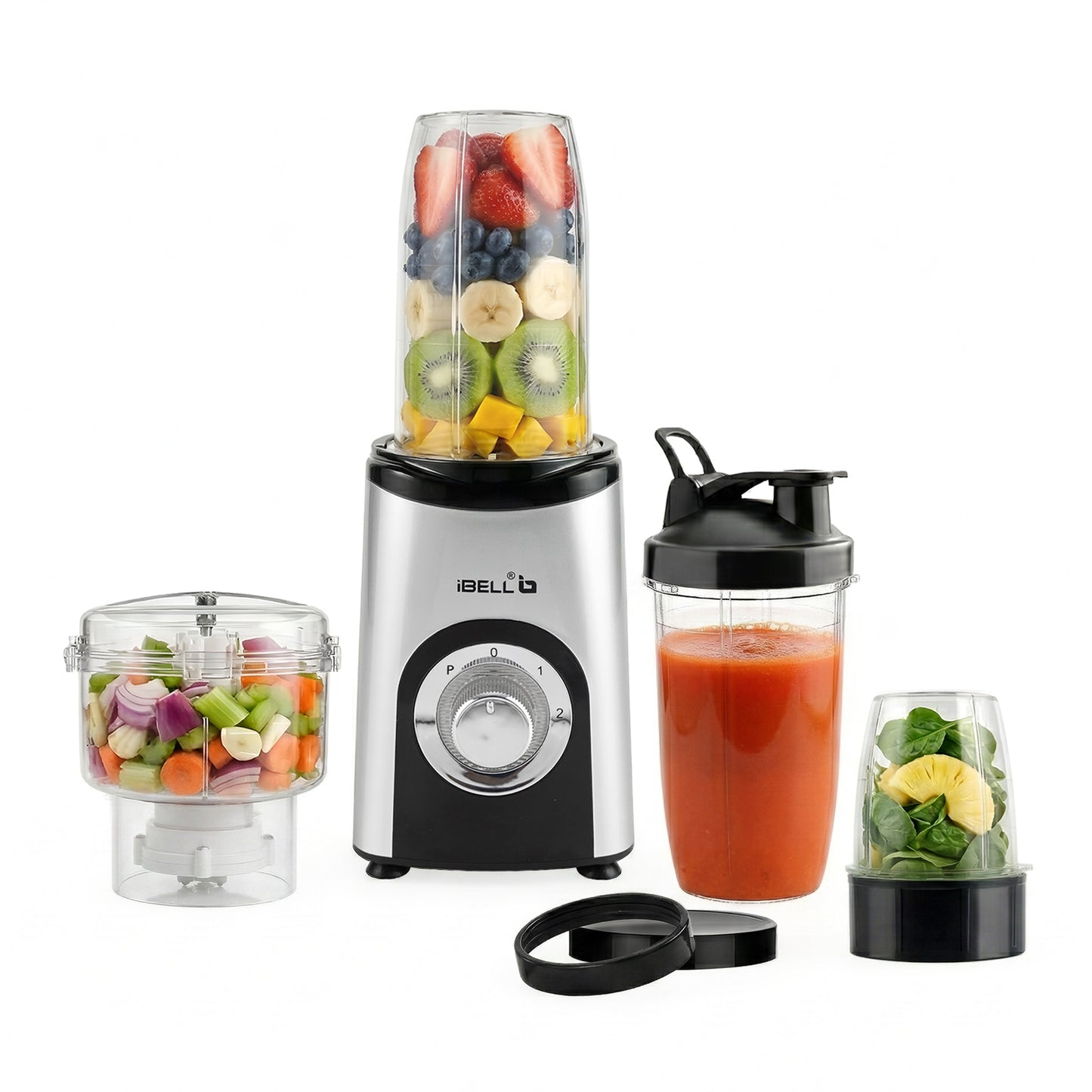 iBELL Juicer Mixer Grinder For Home, Smoothie Maker, 600W,2 Blades, 3 Modes, 3 Jars + Chopper, 100% Copper Motor, 24,000 RPM, Nutri Blender With Stainless Steel Blades (Silver)