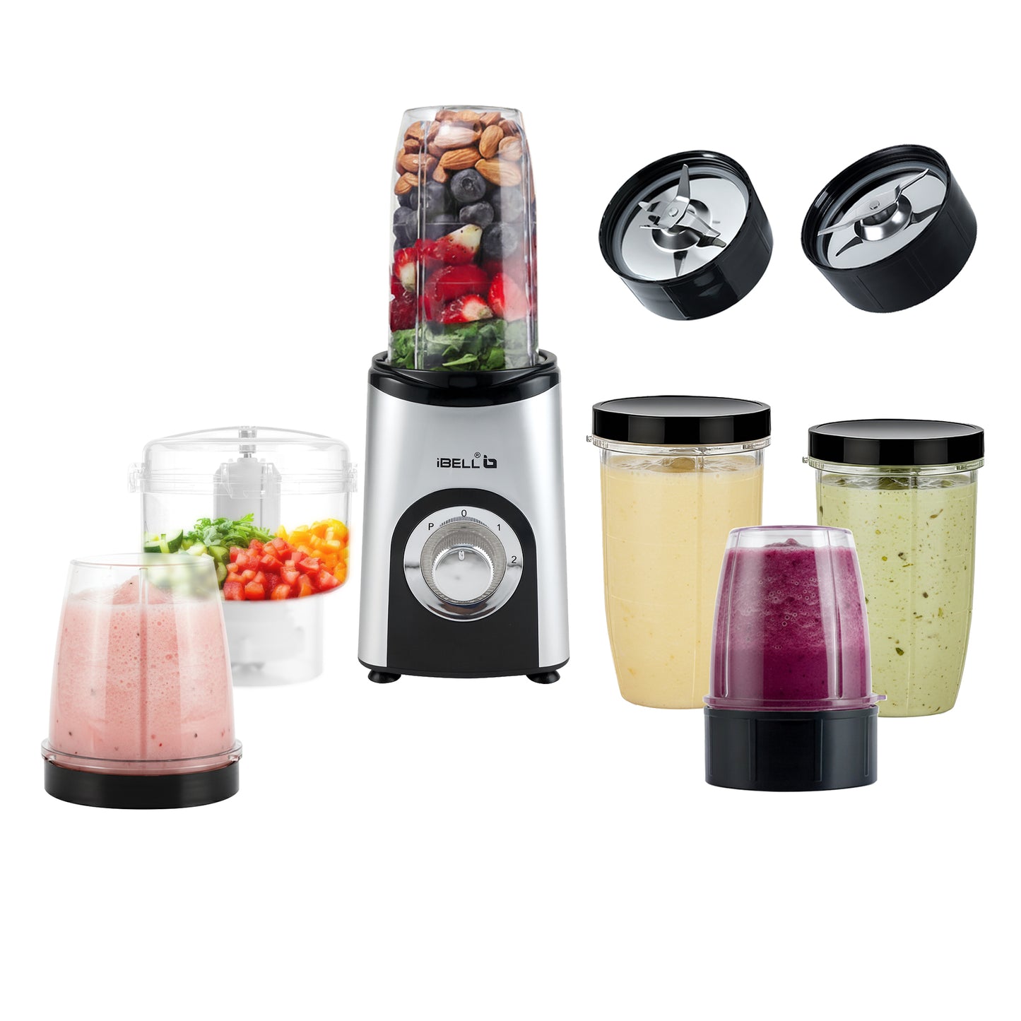 iBELL Juicer Mixer Grinder For Home, Smoothie Maker, 600W,2 Blades, 3 Modes, 5 Jars + Chopper, 100% Copper Motor, 24,000 RPM, Nutri Blender With Stainless Steel Blades (Silver)