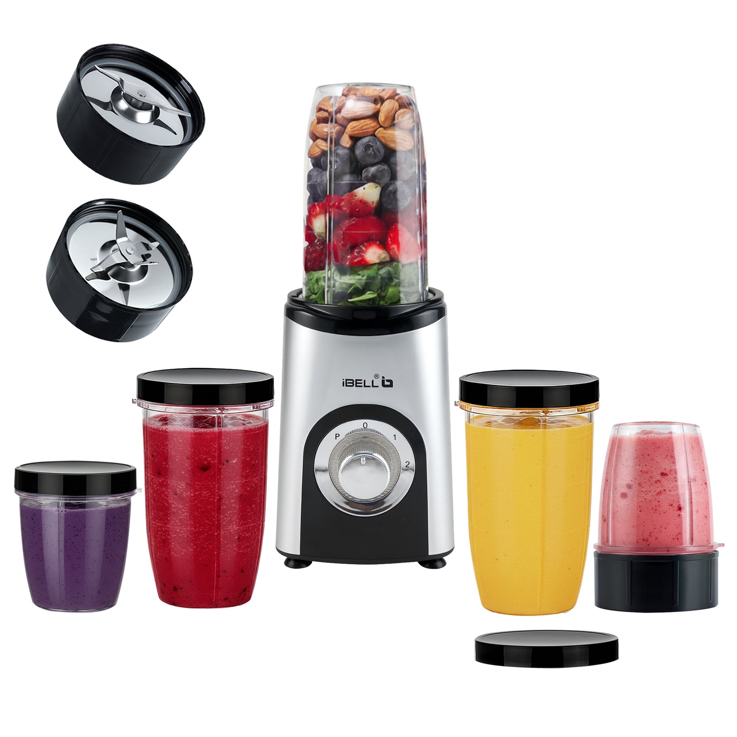 iBELL Juicer Mixer Grinder For Home, Smoothie Maker, 600W,2 Blades 3 Modes, 5 Multi-Purpose Jars, 100% Copper Motor, 24,000 RPM, Nutri Blender With Stainless Steel Blades (Silver)