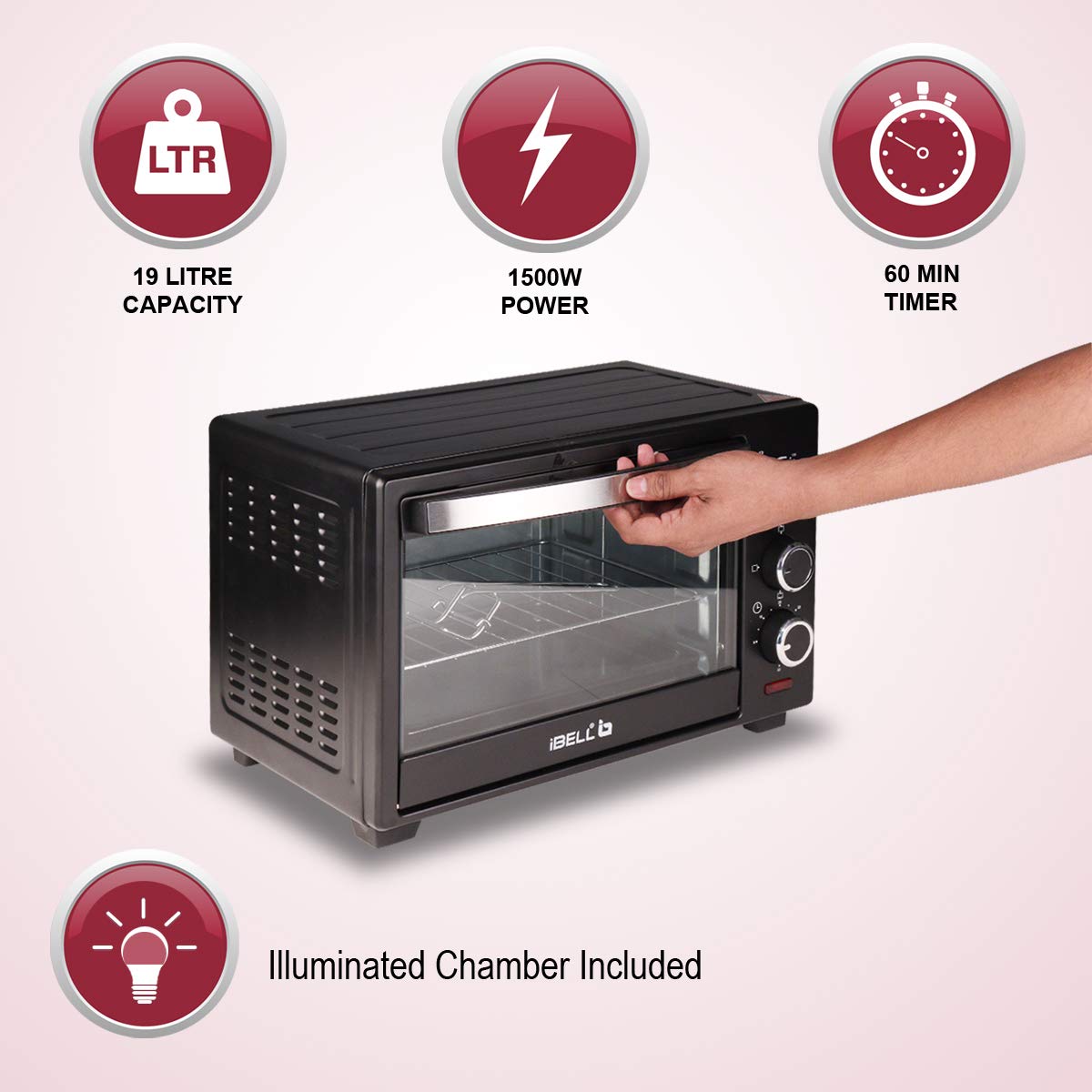 iBELL EO19LG | OTG 19 Litre, Oven Toaster Griller with Multi-Stage Heating Modes, Auto Off, 1500Watt | Black