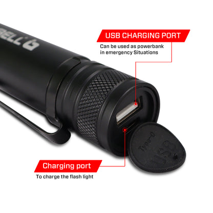 IBELL FL8375S Rechargeable Torch, Powerbank Function, Aircraft Aluminum Body, Telescopic Zoom, Water Resistant Flashlight with Multiple Light Modes (Black) LED