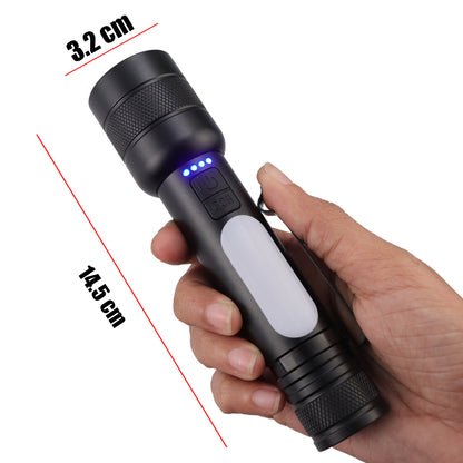 IBELL FL8375S Rechargeable Torch, Powerbank Function, Aircraft Aluminum Body, Telescopic Zoom, Water Resistant Flashlight with Multiple Light Modes (Black) LED