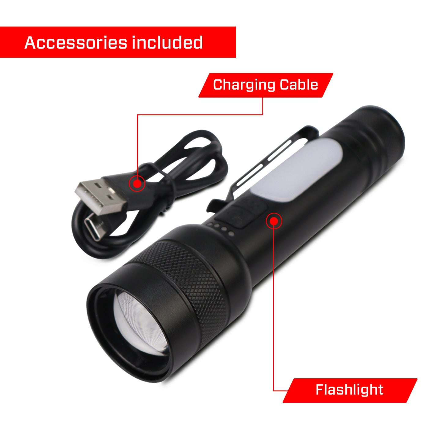IBELL FL8375S Rechargeable Torch, Powerbank Function, Aircraft Aluminum Body, Telescopic Zoom, Water Resistant Flashlight with Multiple Light Modes (Black) LED