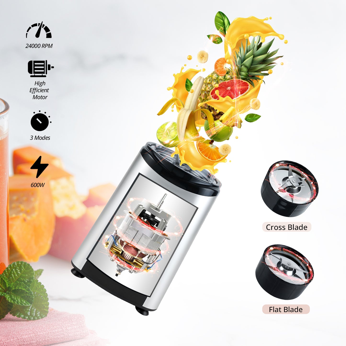 iBELL Juicer Mixer Grinder For Home, Smoothie Maker, 600W,2 Blades 3 Modes, 5 Multi-Purpose Jars, 100% Copper Motor, 24,000 RPM, Nutri Blender With Stainless Steel Blades (Silver)