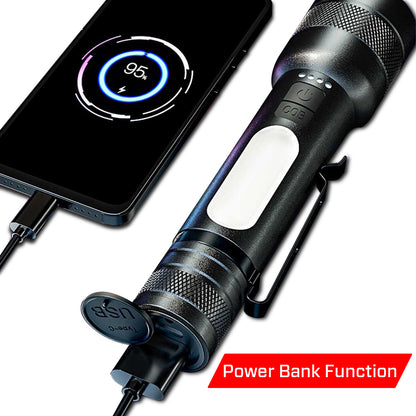 IBELL FL8375S Rechargeable Torch, Powerbank Function, Aircraft Aluminum Body, Telescopic Zoom, Water Resistant Flashlight with Multiple Light Modes (Black) LED