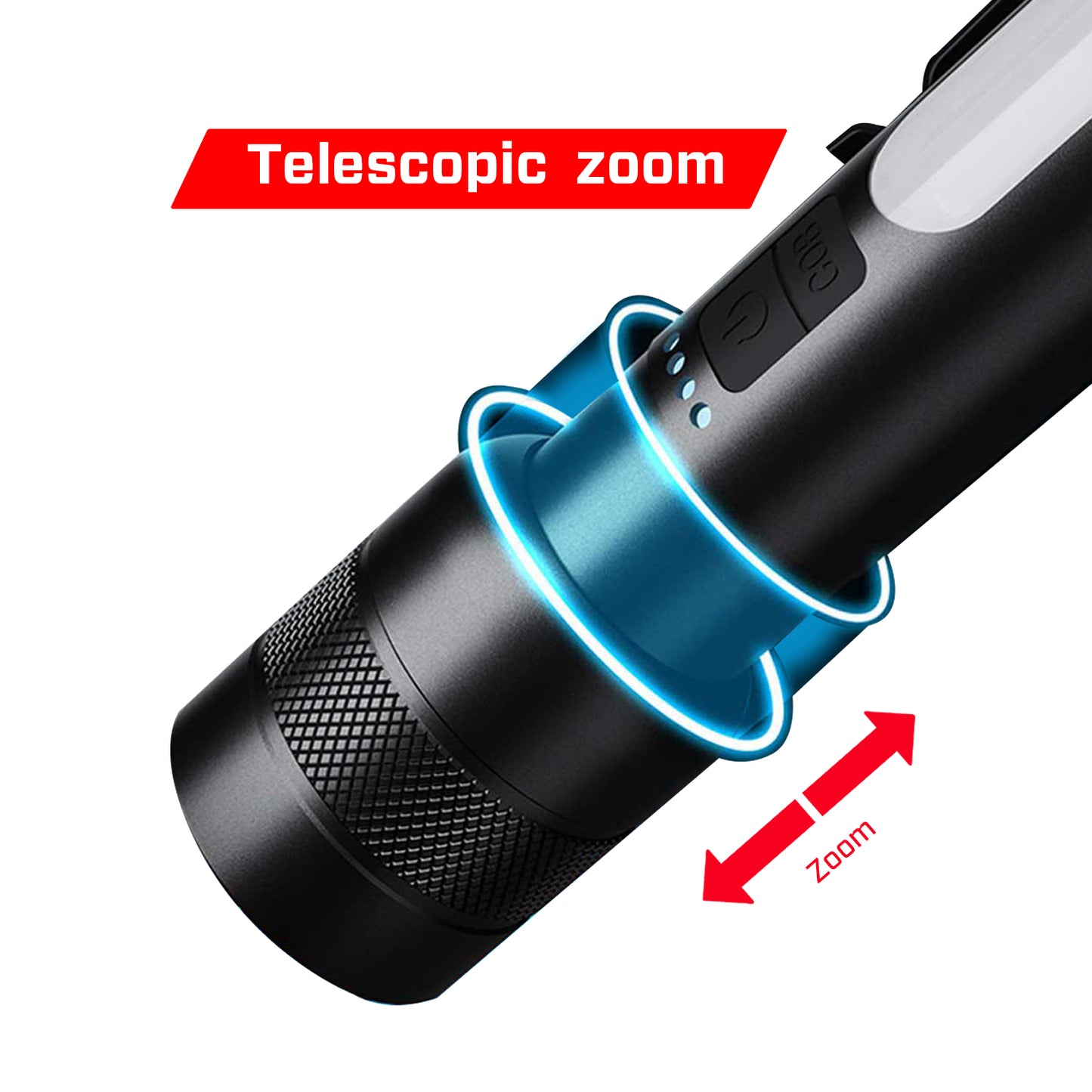 IBELL FL8375S Rechargeable Torch, Powerbank Function, Aircraft Aluminum Body, Telescopic Zoom, Water Resistant Flashlight with Multiple Light Modes (Black) LED