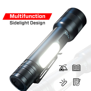 IBELL FL8375S Rechargeable Torch, Powerbank Function, Aircraft Aluminum Body, Telescopic Zoom, Water Resistant Flashlight with Multiple Light Modes (Black) LED