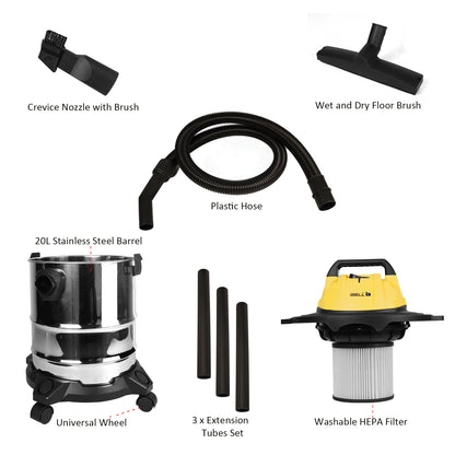 IBELL VC2012WBPLUS Vacuum Cleaner 1500W 20L Barrel Stainless Steel with Washable HEPA Filter, 21.7 KPa Suction Power and Blower (Yellow,Steel)