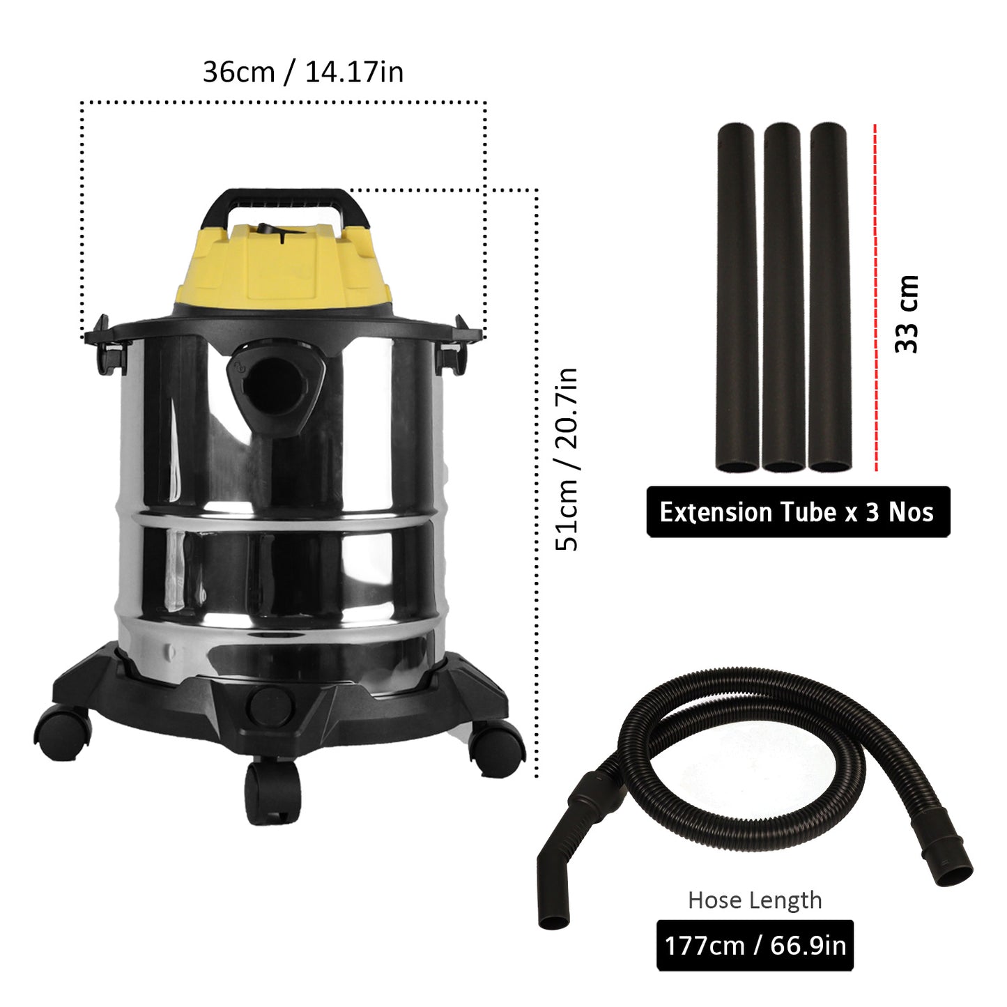 IBELL VC2012WBPLUS Vacuum Cleaner 1500W 20L Barrel Stainless Steel with Washable HEPA Filter, 21.7 KPa Suction Power and Blower (Yellow,Steel)
