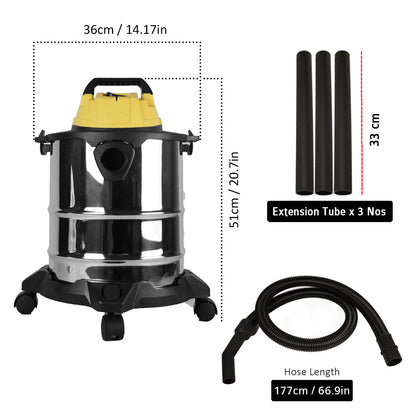 IBELL VC2012WBPLUS Vacuum Cleaner 1500W 20L Barrel Stainless Steel with Washable HEPA Filter, 21.7 KPa Suction Power and Blower (Yellow,Steel)