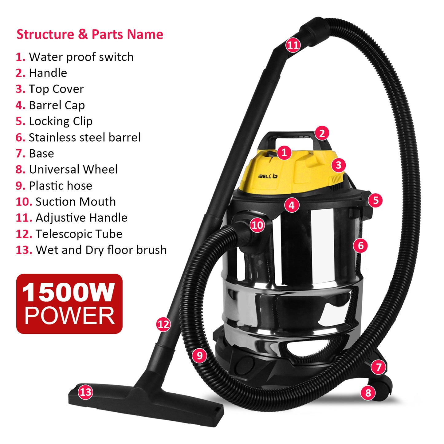 IBELL VC2012WBPLUS Vacuum Cleaner 1500W 20L Barrel Stainless Steel with Washable HEPA Filter, 21.7 KPa Suction Power and Blower (Yellow,Steel)