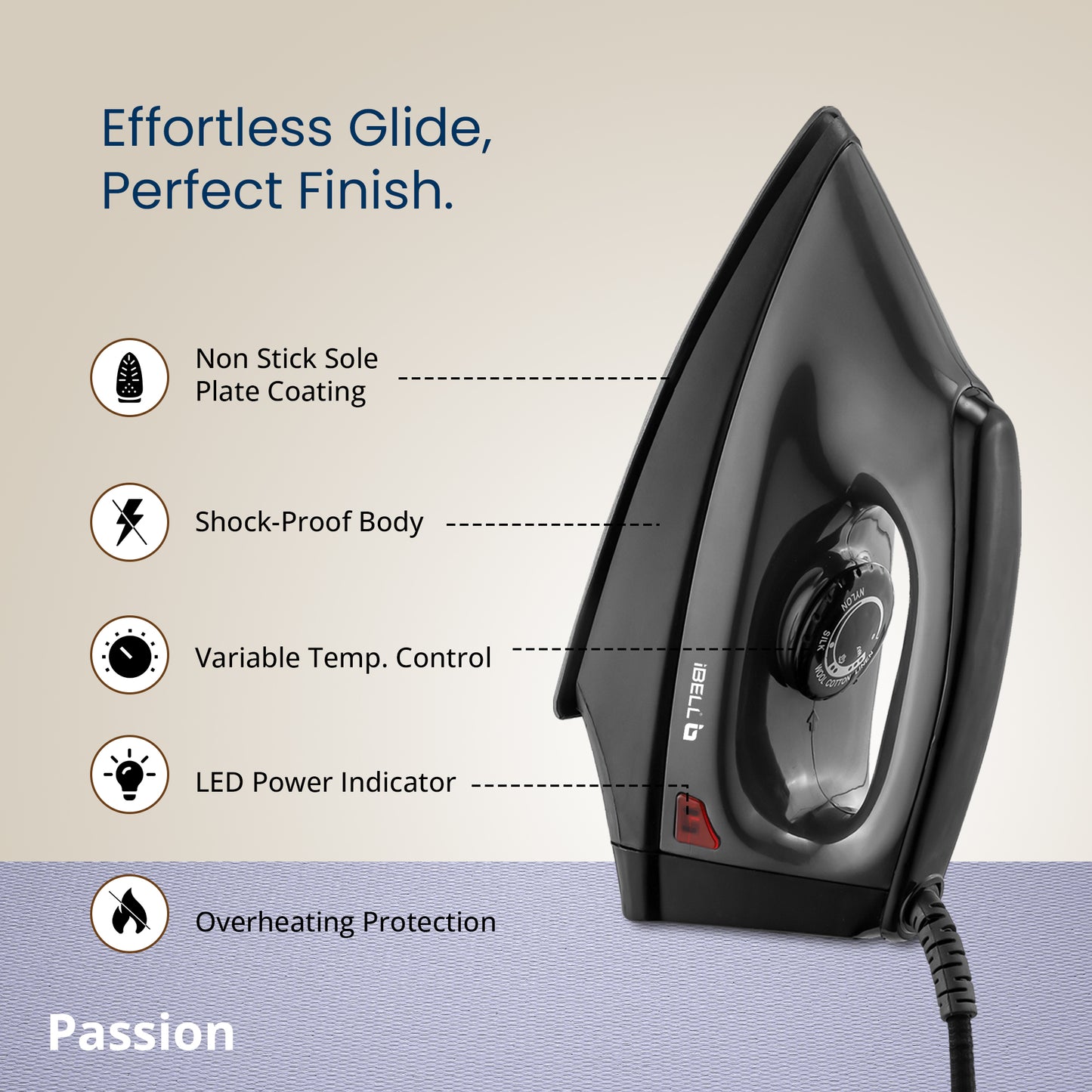 IBELL PASSION 1000W Iron Box with 3 Years Warranty, Non-Stick Soleplate Dry Iron, Shock-Proof Body, Variable Temperature Control, Overheating Protection (Black)