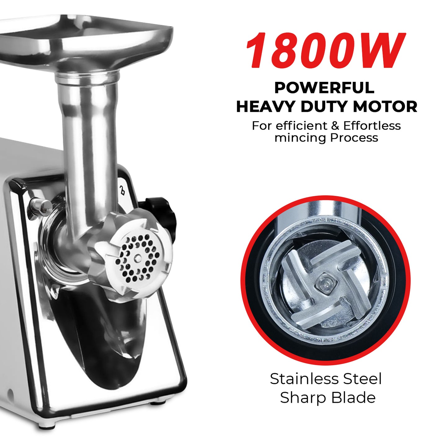 iBELL Stainless Steel Mt1750Y Meat Grinder, 1800W, Heavy Duty Mincer Machine for Mincing/Chopping Meat, Keema/Sausage/Kebab Maker (Silver)