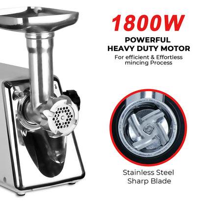 iBELL Stainless Steel Mt1750Y Meat Grinder, 1800W, Heavy Duty Mincer Machine for Mincing/Chopping Meat, Keema/Sausage/Kebab Maker (Silver)
