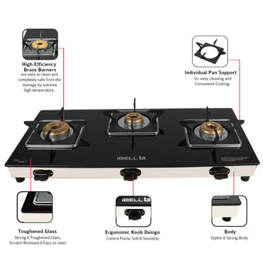 iBELL 8413 Star 3-Burner Gas Stove – Premium Model with a Low gas consumption, Stylish Square Design, Durable 7 mm Toughened Glass Top, Spacious Body (77 x 38 x 5 cm), Manual Ignition (Black)
