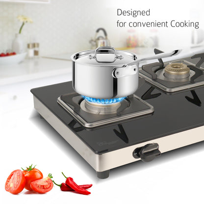 iBELL 8413 Star 3-Burner Gas Stove – Premium Model with a Low gas consumption, Stylish Square Design, Durable 7 mm Toughened Glass Top, Spacious Body (77 x 38 x 5 cm), Manual Ignition (Black)